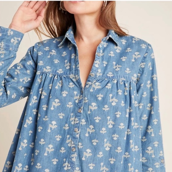 ANTHROPOLOGIE Pilcro &The Letterpress Blue Denim Long Sleeve Dress w/Pockets 2P - Picture 1 of 14